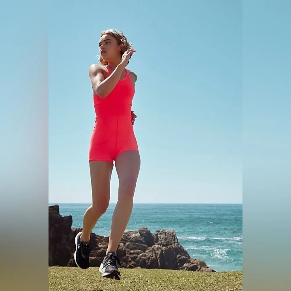 Free People Movement Every Single Time Runsie Athletic Romper Stretch Coral